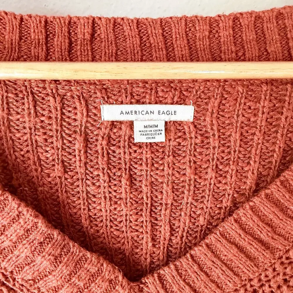 American Eagle Rust Orange Red Brown Chunky Knit Sweater V Neck Oversized M